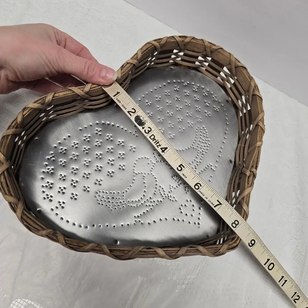 Vintage Wicker and Tin Heart Basket Punched Doves Love Birds Valentine's Day